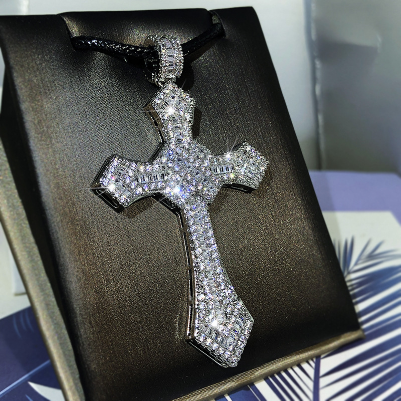 Hip Hop Cross Pendants Necklace Platinum Plated Men Women Lover Gift Religious Jewelry with Leather Rope Chain