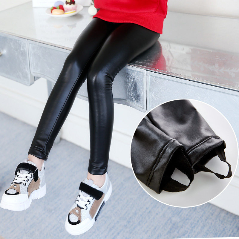 Leggings Tights Girls Faux PU Leather Autumn Winter Fleece Lined for Cute Black Children Kids Stretchy 221006
