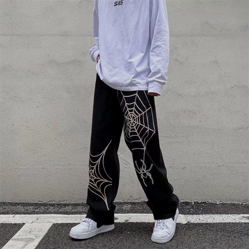 Men Jeans Vibe Style Spider Web Embroidery Baggy Men Hip Hop Pants Y2K Black Straight Loose Women Denim Trousers Pantalon Homme 221006
Men Jeans Vibe Style Spider Web Embroidery Baggy Men Hip Hop Pants Y2K Black Straight Loose Women Denim Trousers Pantalon Homme 221006