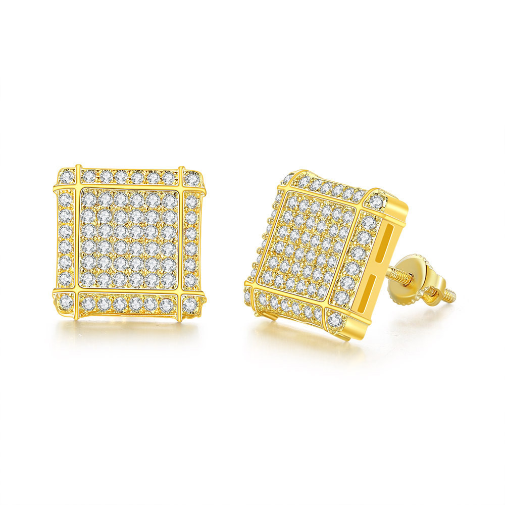Hip Hop Screwback Stud Earrings Cylinder Shape Bling White Zircon Dangle Earrings Gold Plated Vintage Geometric Jewelry