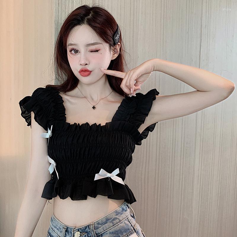 Women's Tanks Pleated Tank Tops Women Black Chiffon Shirts Sleeveless Square Collar Cropped Top Bows Knotted Elastic Ruffles Elegant Slim
Women's Tanks Pleated Tank Tops Women Black Chiffon Shirts Sleeveless Square Collar Cropped Top Bows Knotted Elastic Ruffles Elegant Slim