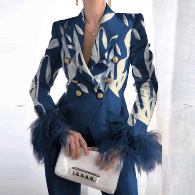 Jackets Elegant Turn-down Collar Lady Blazer Top Casual Long Sleeve Women Suit Coat Fashion Fuzzy Feather Double-Breasted Jacket Outwear Y2210