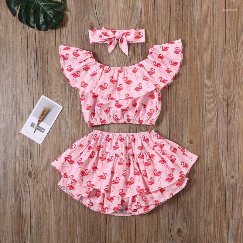 

Clothing Sets 1-6T Toddler Baby Girl Flamingo Sunflower Sunsuit Clothes Ruffle Tops Layered Pants Headband Set, Blue