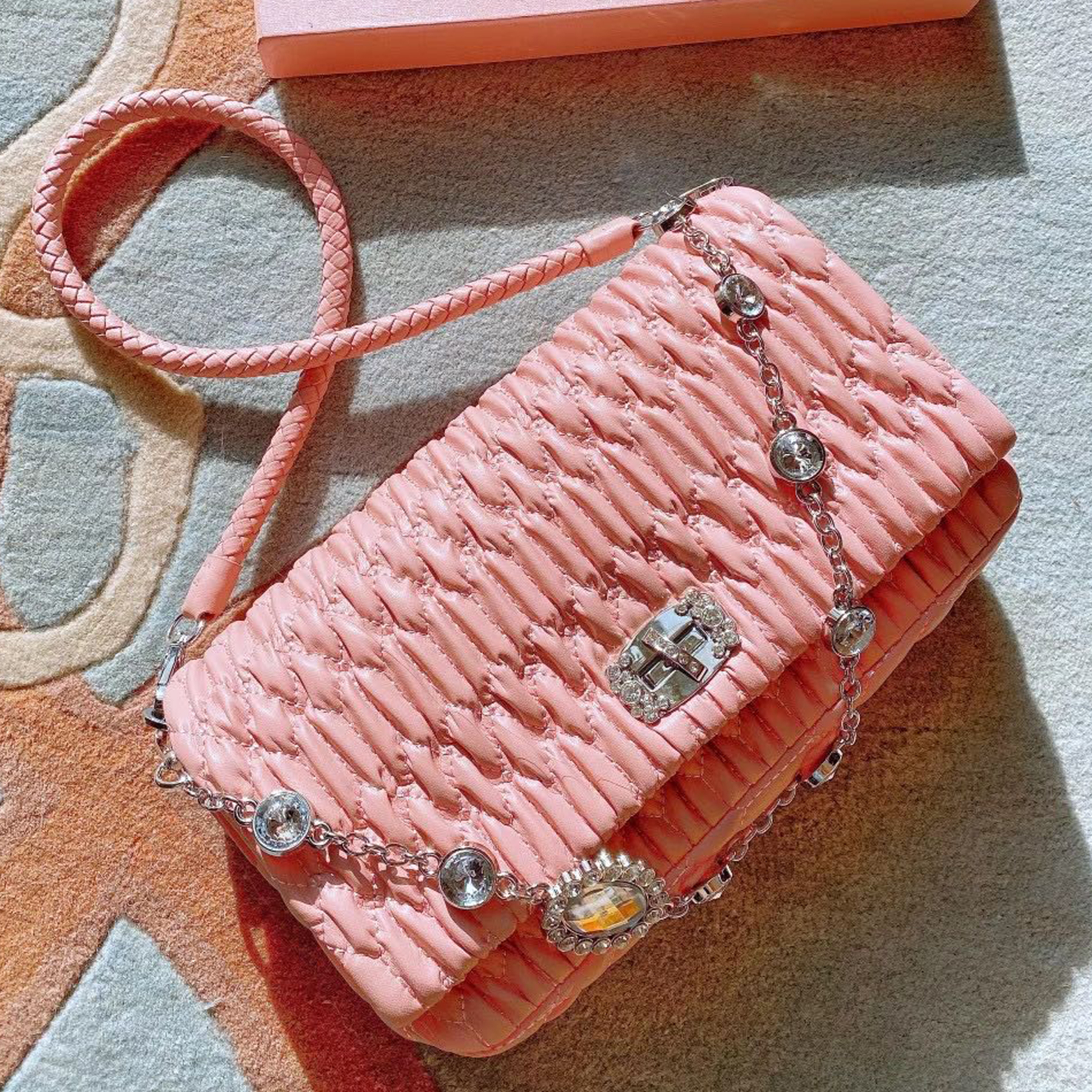 Crystal Miu Iconic Cloque Nappa Leather Bag Designer Polished Steel Finish Metal Hardware Clutch Crystal Studded Turn-Lock Clasp Women EH3Y, Navy
Crystal Miu Iconic Cloque Nappa Leather Bag Designer Polished Steel Finish Metal Hardware Clutch Crystal Studded Turn-Lock Clasp Women EH3Y, Navy