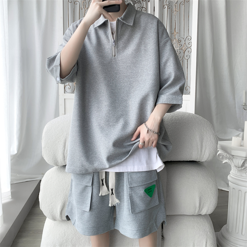 Men's Tracksuits Plus Size 5XL-M Fashion Waffle Loose Casual Men's Sets Simple Turn Down Collar Short Sleeve Polo Shirts And Shorts Streetwe
