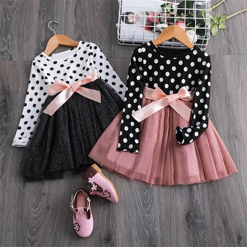 Girls Dresses Long Sleeve Dress For Girl Polka Dot Bow Kid Clothes 2 3 4 5 6 Year Baby Tutu Birthday Outfit Party Wear Summer Dress Cloth 221006