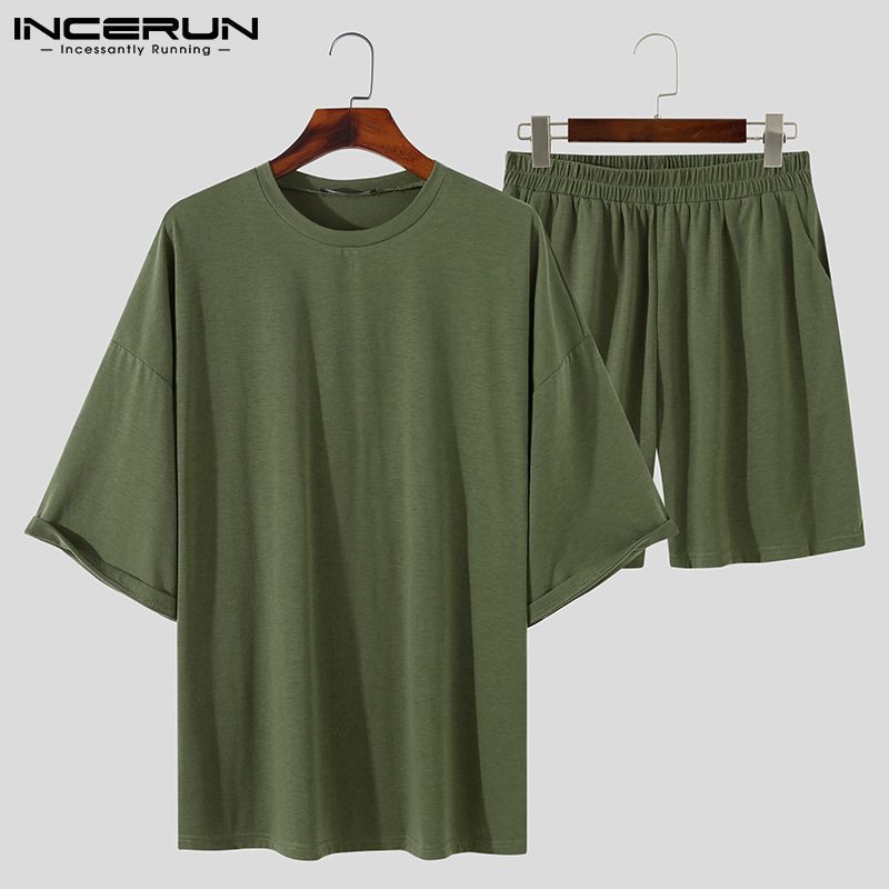 Men's Tracksuits Men Sets Solid Color Summer O Neck Half Sleeve T Shirts Elastic Waist Shorts Streetwear Loose Casual Men Suits 5XL INCERUN 22100