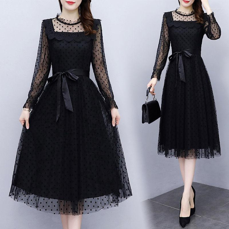 Casual Dresses Spring Autumn Long Dress Black Dot Mesh Patchwork Elegant Vintage With Belt 2022 Female Robe K77
Casual Dresses Spring Autumn Long Dress Black Dot Mesh Patchwork Elegant Vintage With Belt 2022 Female Robe K77