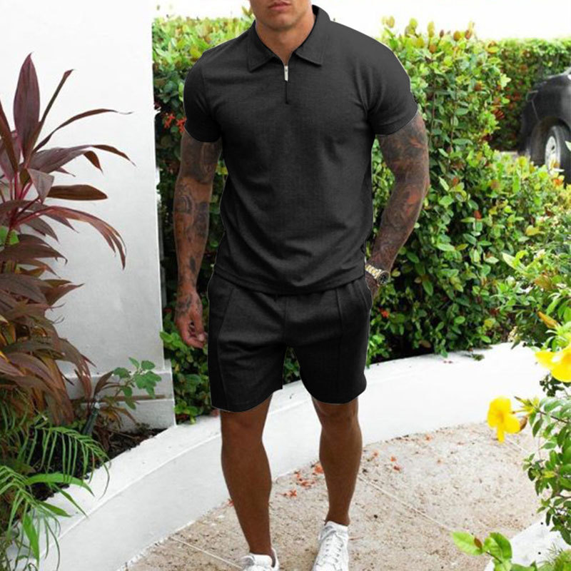 Men's Tracksuits Men's Activewear Solid Color Short Sleeve Zip Lapel Polo Shirt and Shorts Set Men's Casual Streetwear 2 Piece Summer 2