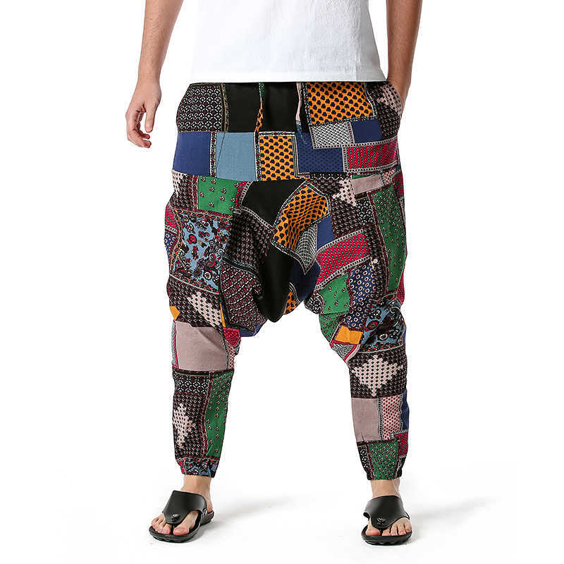 Men's Pants Harem Mens Hippy Hippe Trousers Cotton Bohemian Vintage Ethnic Print Patchwork Om Patch G220929