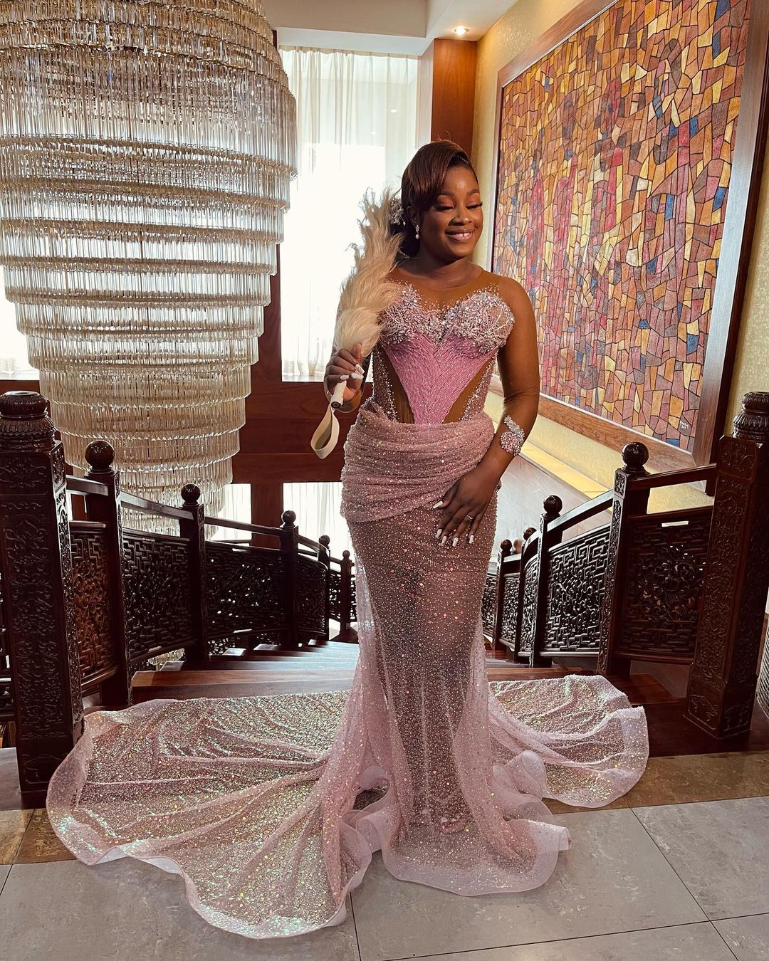 Arabic Aso Ebi Pink Mermaid Prom Dresses Beaded Crystals Luxurious Evening Formal Party Second Reception Birthday Engagement Gowns Dress ZJ