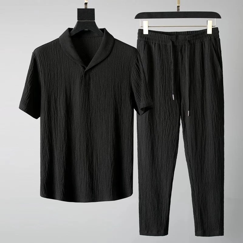 Men's Tracksuits Arrival Men's Cool and Thin Short Sleeve T-shirtPant Two-Piece Set Solid ShirtTrousers Home Suits Male Size M-4XL 221006