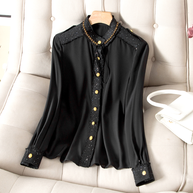 2022 Autumn Stand Collar Natural Silk Panelled Blouse Tweed Shirt Black / Ivory Solid Color Long Sleeve Chains Buttons Single-Breasted Top Shirts D22TO05
2022 Autumn Stand Collar Natural Silk Panelled Blouse Tweed Shirt Black / Ivory Solid Color Long Sleeve Chains Buttons Single-Breasted Top Shirts D22TO05