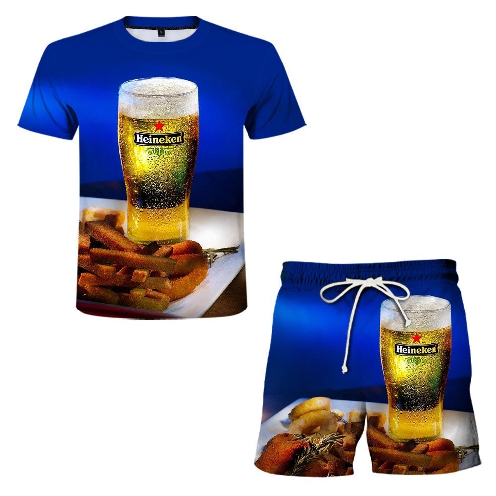 Men's Tracksuits Summer Hip Hop Casual Hawaiian Beer 3D printed men's suit 2 pieces casual O-collar shirt shorts 221006