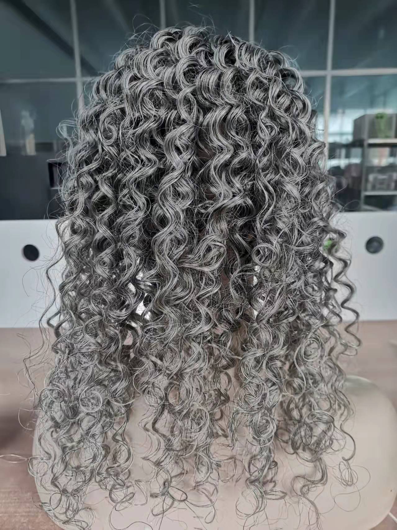 Medium length hairstyle grey ponytail puff bun women hair extension real human two tone mixed silver gray with drawstring clip in 120g