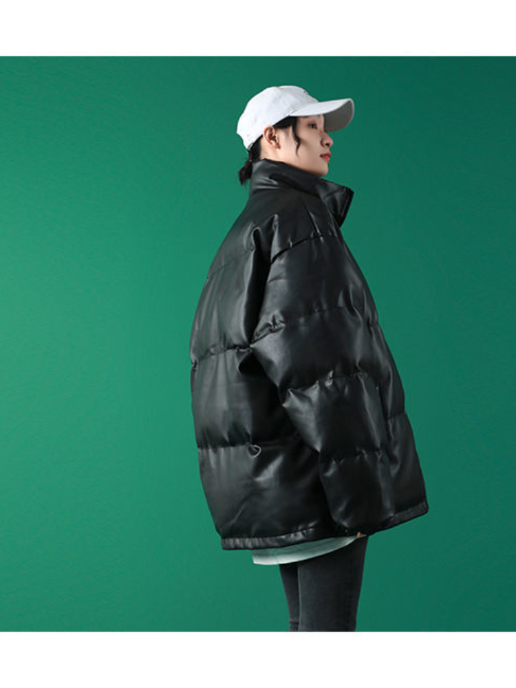 Women's Down Parkas Winter Korean Doublesided PU Padded Jacket Women Stand Collar Loose Thickd Puffer Jacket Female Black Short Parkas Outwear 22