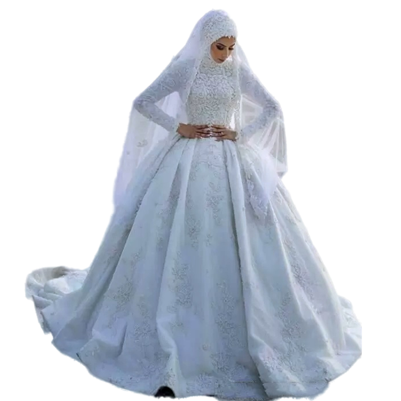 Modest Muslim Wedding Dress Long Sleeves 2023 Lace Appliqued Beaded High Neck Islamic Arabic Dubai Satin Bridal Ball Gown Vestidos De Novia