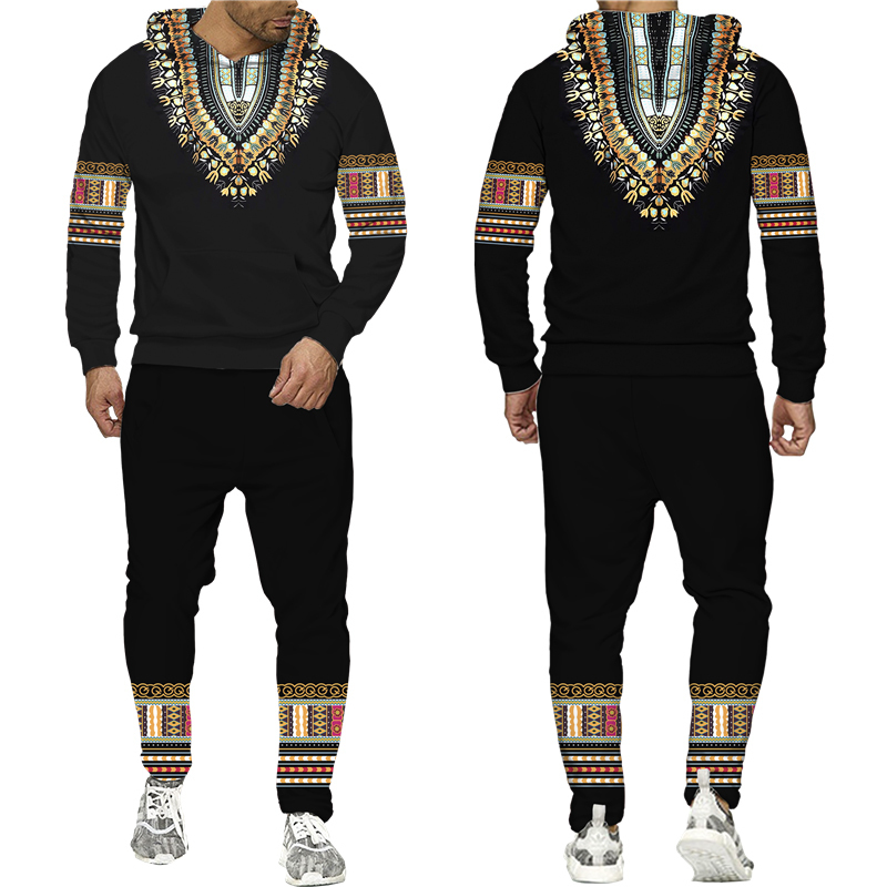 Men's Tracksuits African Dashiki Hoodie/Suit Men's Casual 3D Printed Ethnic Style Sweatshirt Pants Set Men/Women Folk-Custom Streetwear Trac