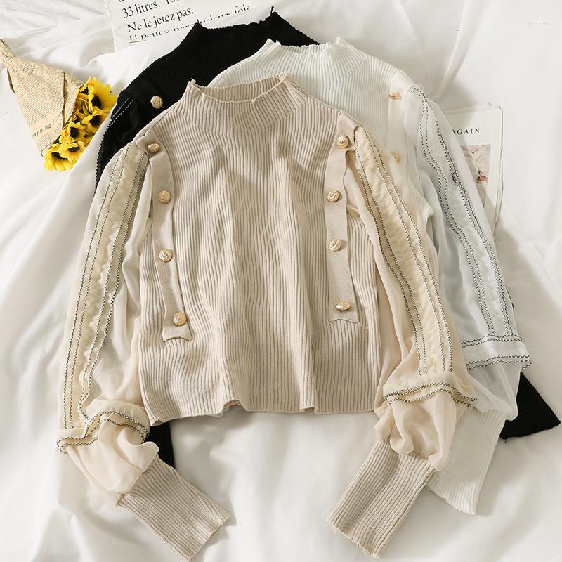 Women's Sweaters Vintage Elegant Chiffon Patchwork Button Sweater Women Autumn Half Turtleneck Puff Sleeve Pullovers Japanese Sueter Mujer, Black
Women's Sweaters Vintage Elegant Chiffon Patchwork Button Sweater Women Autumn Half Turtleneck Puff Sleeve Pullovers Japanese Sueter Mujer, Black