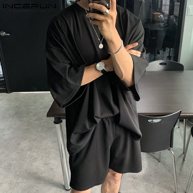 Men's Tracksuits Men Sets Solid Color Summer O Neck Half Sleeve T Shirts Elastic Waist Shorts Streetwear Loose Casual Men Suits 5XL INCERUN 22100
