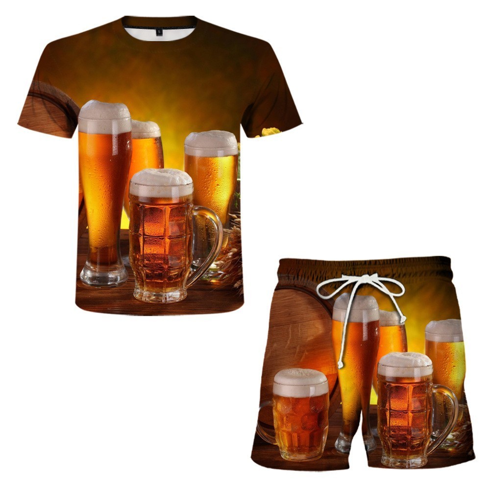 Men's Tracksuits Summer Hip Hop Casual Hawaiian Beer 3D printed men's suit 2 pieces casual O-collar shirt shorts 221006