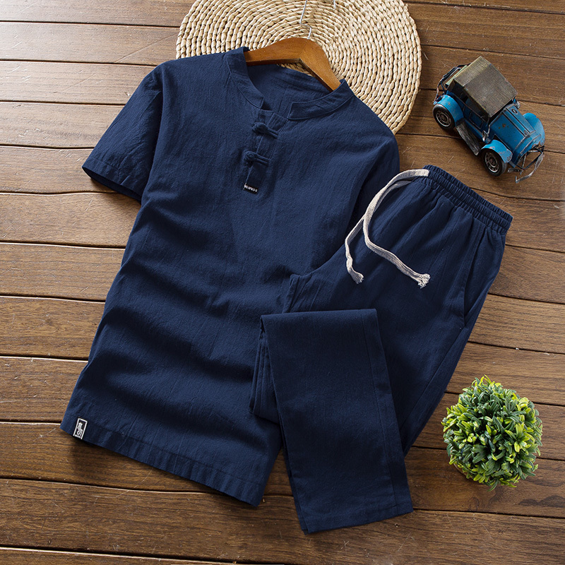 Men's Tracksuits Arrival Men's Cotton and Linen Short Sleeve T-shirtAnkle Length Pant Set Solid ShirtTrousers Home Suits Male M-5XL TZ30 221