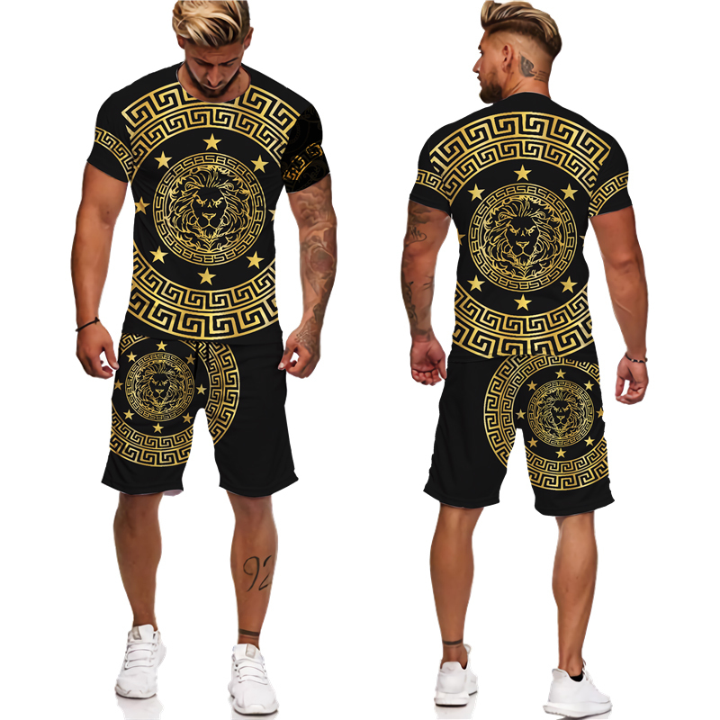 Men's Tracksuits Summer Golden Lion 3D Printed Tees/Shorts/Suit Men's Casual Graphic T-Shirt Two Piece Set Hip Hop Fashion Short Sleeve Trac