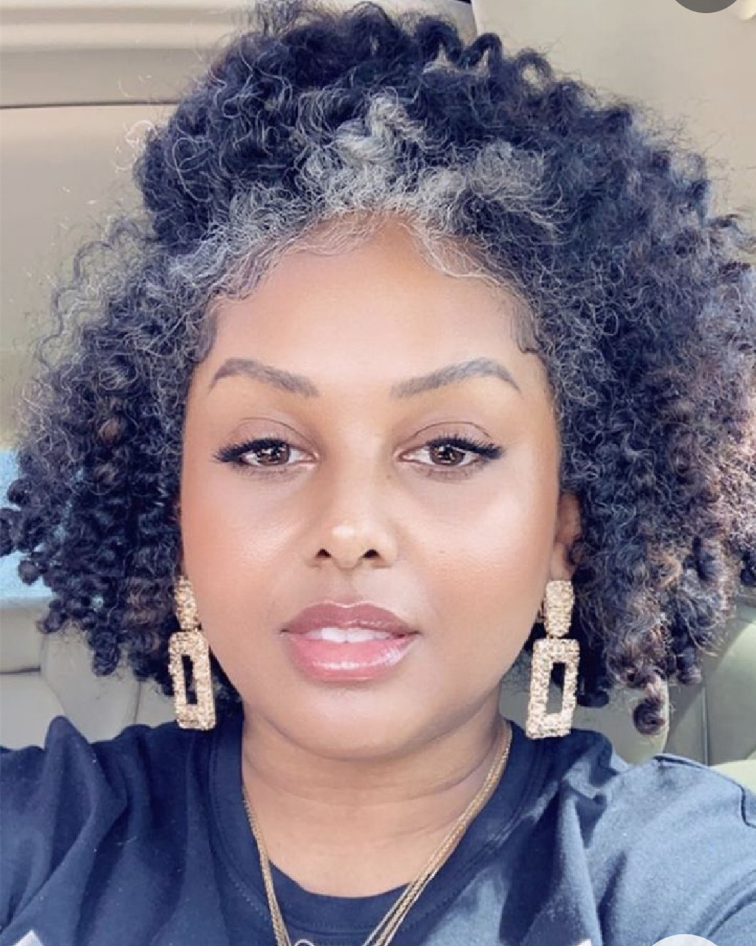 Medium length hairstyle grey ponytail puff bun women hair extension real human two tone mixed silver gray with drawstring clip in 120g