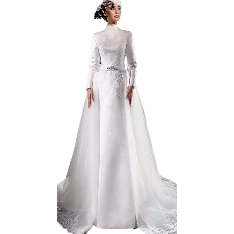 Modest Muslim Wedding Dress With Detachable Skirt Long Sleeves High Neck A-Line Satin Bridal Gown Lace Appliques 2023 Arabic Dubai Islamic Robe De Mar