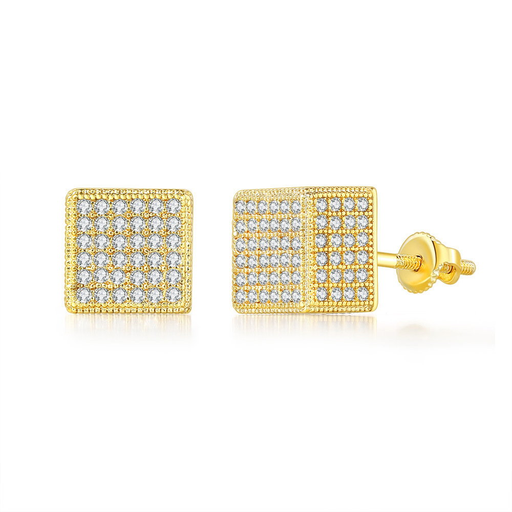 Hip Hop Screwback Stud Earrings Cylinder Shape Bling White Zircon Dangle Earrings Gold Plated Vintage Geometric Jewelry