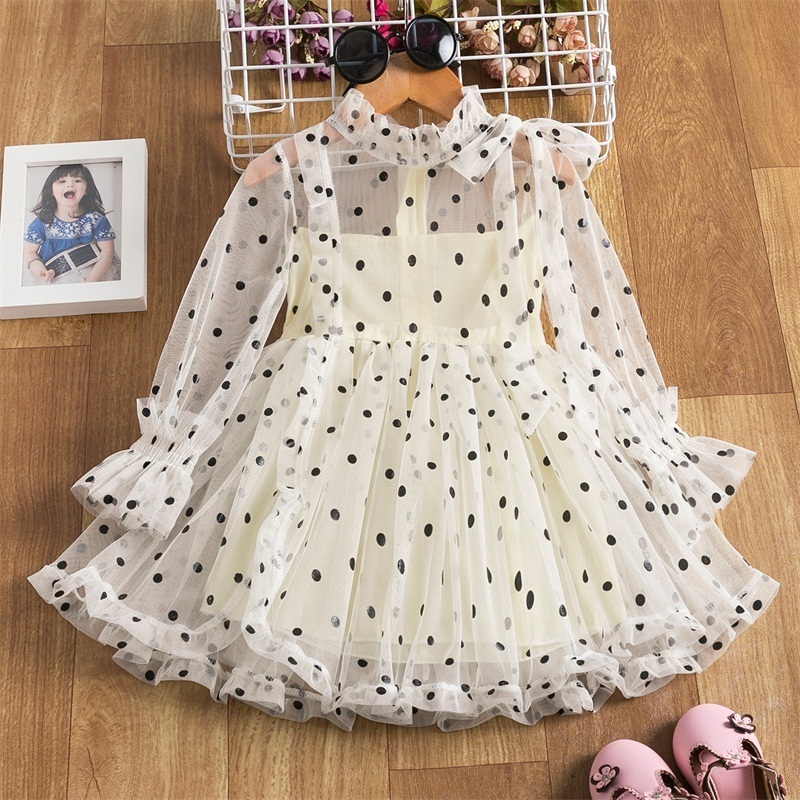 Girls Dresses Long Sleeve Dress For Girl Polka Dot Bow Kid Clothes 2 3 4 5 6 Year Baby Tutu Birthday Outfit Party Wear Summer Dress Cloth 221006