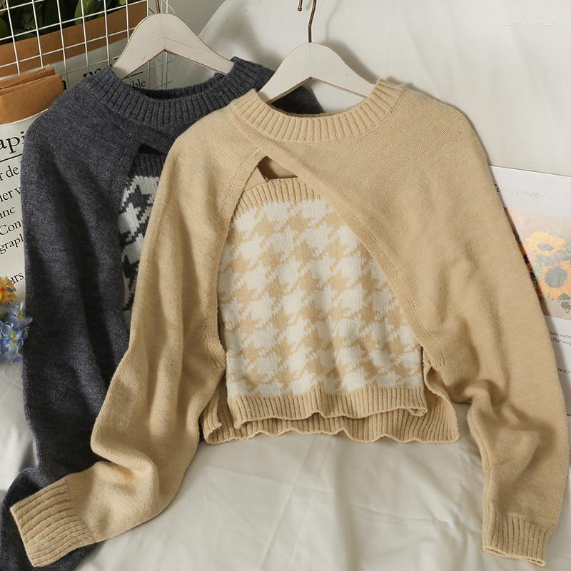 Women's Sweaters Two Pieces Knitted Woman Pull Femme Long Sleeve Top Plaid Spaghetti Strap Tank Tops Women Camis, Black 
Women's Sweaters Two Pieces Knitted Woman Pull Femme Long Sleeve Top Plaid Spaghetti Strap Tank Tops Women Camis, Black