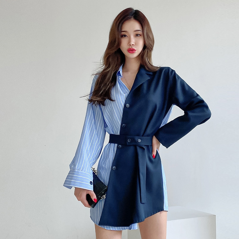 Work Dresses Elegant Autumn Single Row Buckle Office Dress Female Splicing Striped Professional Costume Korean Casual Shirt Button Polo 221006, Blue
Work Dresses Elegant Autumn Single Row Buckle Office Dress Female Splicing Striped Professional Costume Korean Casual Shirt Button Polo 221006, Blue