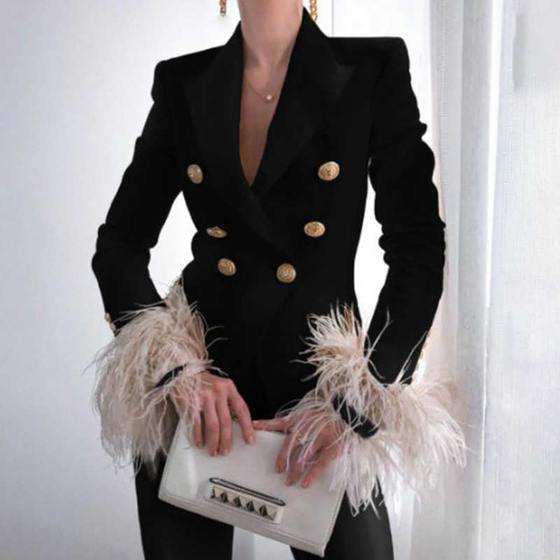 Jackets Elegant Turn-down Collar Lady Blazer Top Casual Long Sleeve Women Suit Coat Fashion Fuzzy Feather Double-Breasted Jacket Outwear Y2210