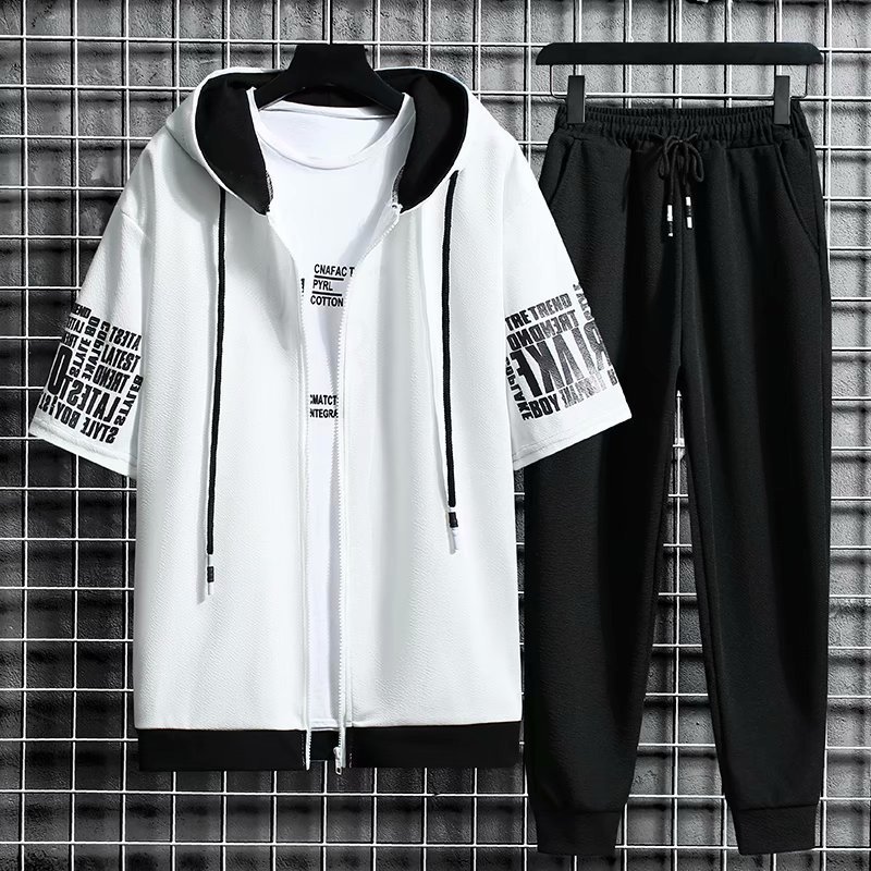 Men's Tracksuits Men's Sets Hooded Zipper Short Sleeve Tops Elastic Waist Trousers Men Clothing Two Piece Set Korean Streetwear Tracksuit Me