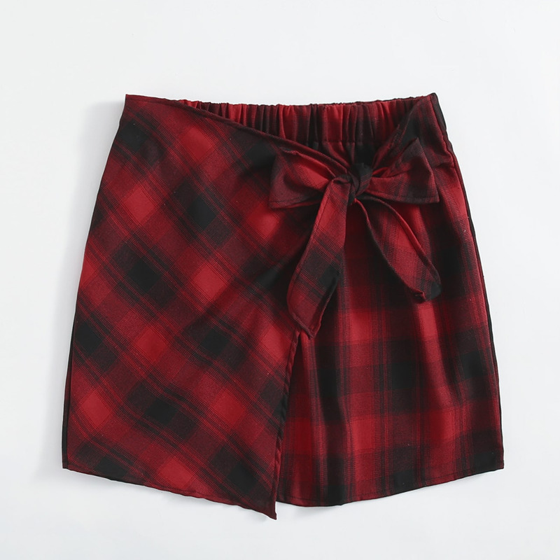 

Plus size Dresses Plus Size Elastic Waist Summer Spring Casual Bandage Plaid Skirt Women Bow Front Vintage Checked Mini Skirt Plus Size Bottoms 221006, Red wine