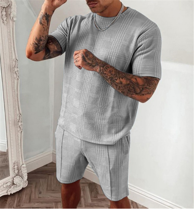 Men's Tracksuits Summer Tracksuit Men Casual Sports Set Solid Color Plaid Short Sleeved Shorts Sets Mens Fashion 2 Piece Sportswear 221006