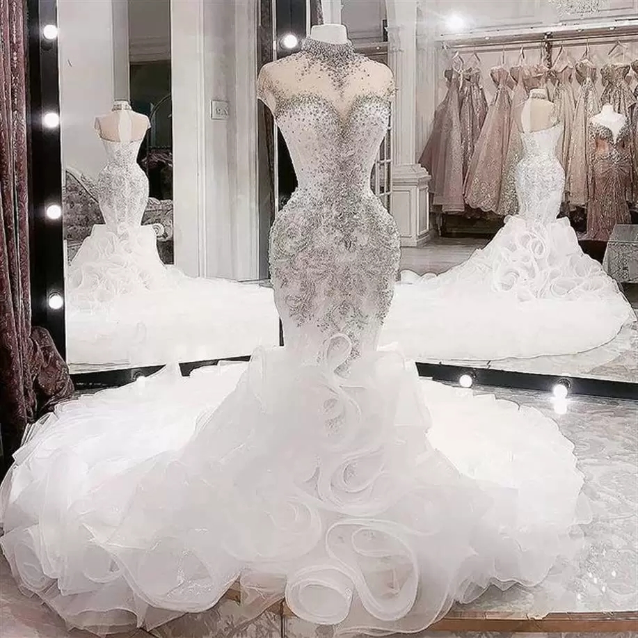 Plus Size Arabic Beaded Crystals Mermaid Wedding Dresses Aso Ebi Luxurious 2023 High Neck Bridal Cascading Ruffles Skirts Chapel Train Bridal Party Wear GB1006, White
Plus Size Arabic Beaded Crystals Mermaid Wedding Dresses Aso Ebi Luxurious 2023 High Neck Bridal Cascading Ruffles Skirts Chapel Train Bridal Party Wear GB1006, White