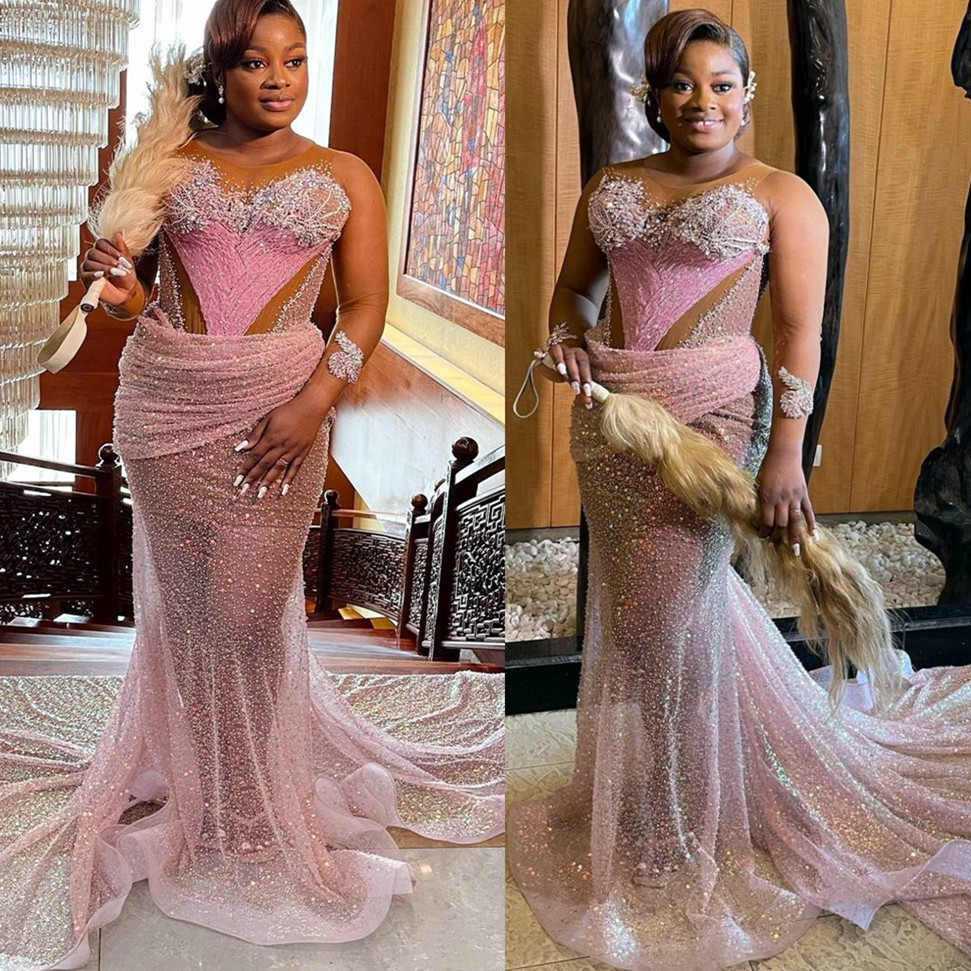 Arabic Aso Ebi Pink Mermaid Prom Dresses Beaded Crystals Luxurious Evening Formal Party Second Reception Birthday Engagement Gowns Dress ZJ