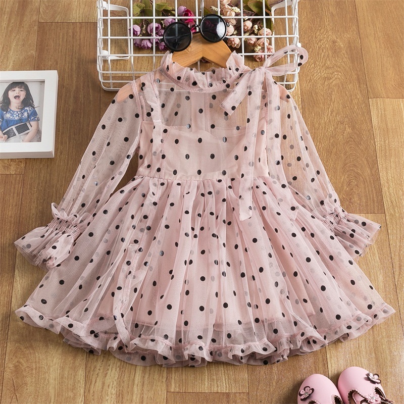 Girls Dresses Long Sleeve Dress For Girl Polka Dot Bow Kid Clothes 2 3 4 5 6 Year Baby Tutu Birthday Outfit Party Wear Summer Dress Cloth 221006