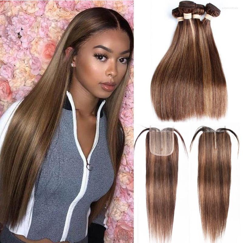 Human Hair Bulks Highlight P4/27 Bundles With Closure Straight 3 Peruvian Weave 4x4 X1 HD Lace