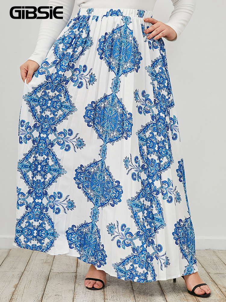 

Plus size Dresses GIBSIE Plus Size Floral Print Pleated Aline Skirt Women Spring Summer Fashion Vintage High Elastic Waist Maxi Long Skirts 221006, Blue