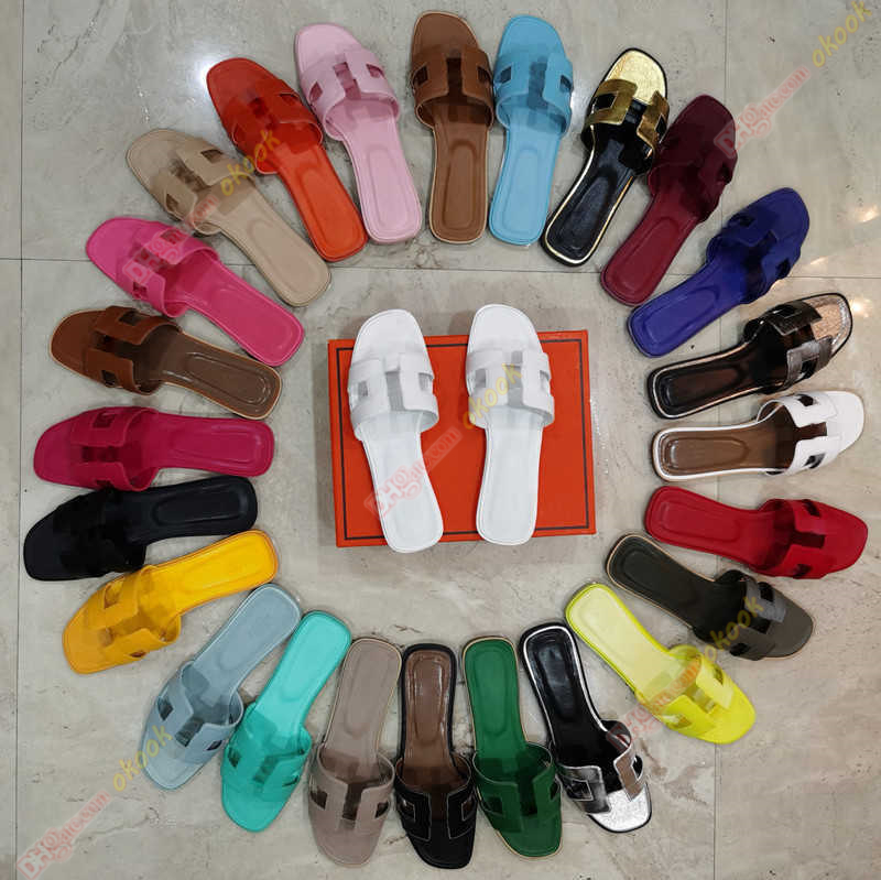 famous brand Beach slippers Classic Flat heel Summer Designer Fashion flops leather lady Slides women shoes Hotel Bath Ladies sexy Sandals Large size 35-43