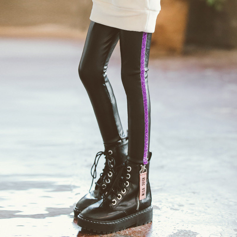 Leggings Tights Baby Girls Kids Fashion Sequin Pencil Pants Children Warm Trousers Faux PU Leather Legging Slim Pant 221006