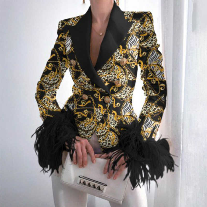 Jackets Elegant Turn-down Collar Lady Blazer Top Casual Long Sleeve Women Suit Coat Fashion Fuzzy Feather Double-Breasted Jacket Outwear Y2210