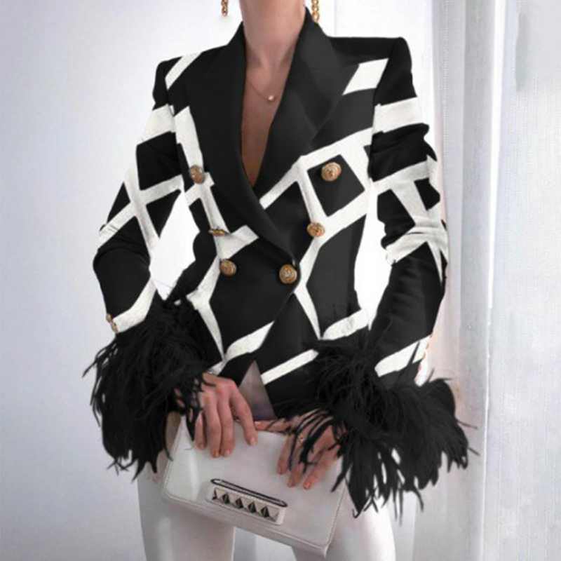 Jackets Elegant Turn-down Collar Lady Blazer Top Casual Long Sleeve Women Suit Coat Fashion Fuzzy Feather Double-Breasted Jacket Outwear Y2210