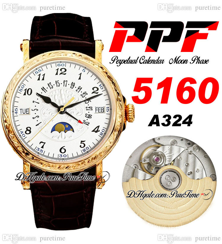 PPF Perpetual Calendar 5960R A324 Automatic Mens Watch Moon Phase 38 Yellow Gold Engrave Silver Flower Totem Dial Black Roman Brown Leather Super Edition Puretime D4
PPF Perpetual Calendar 5960R A324 Automatic Mens Watch Moon Phase 38 Yellow Gold Engrave Silver Flower Totem Dial Black Roman Brown Leather Super Edition Puretime D4