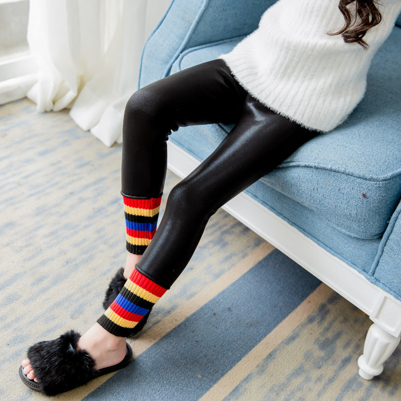 Leggings Tights Kids Warm Fleece Lined For Girls Baby Clothing Velvet Leather Leggins Skinny Rainbow Pants 221006