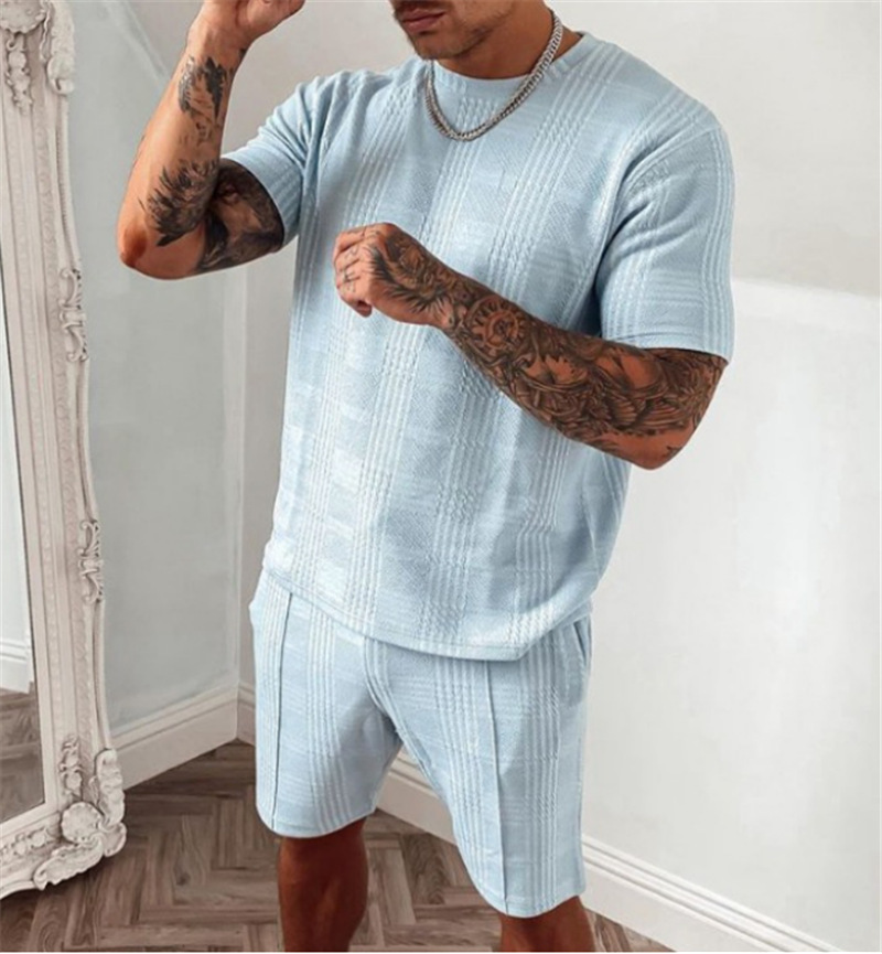 Men's Tracksuits Summer Tracksuit Men Casual Sports Set Solid Color Plaid Short Sleeved Shorts Sets Mens Fashion 2 Piece Sportswear 221006