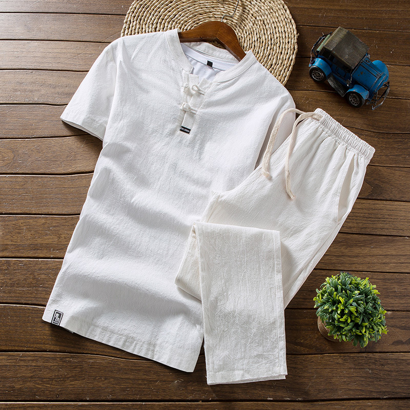 Men's Tracksuits Arrival Men's Cotton and Linen Short Sleeve T-shirtAnkle Length Pant Set Solid ShirtTrousers Home Suits Male M-5XL TZ30 221